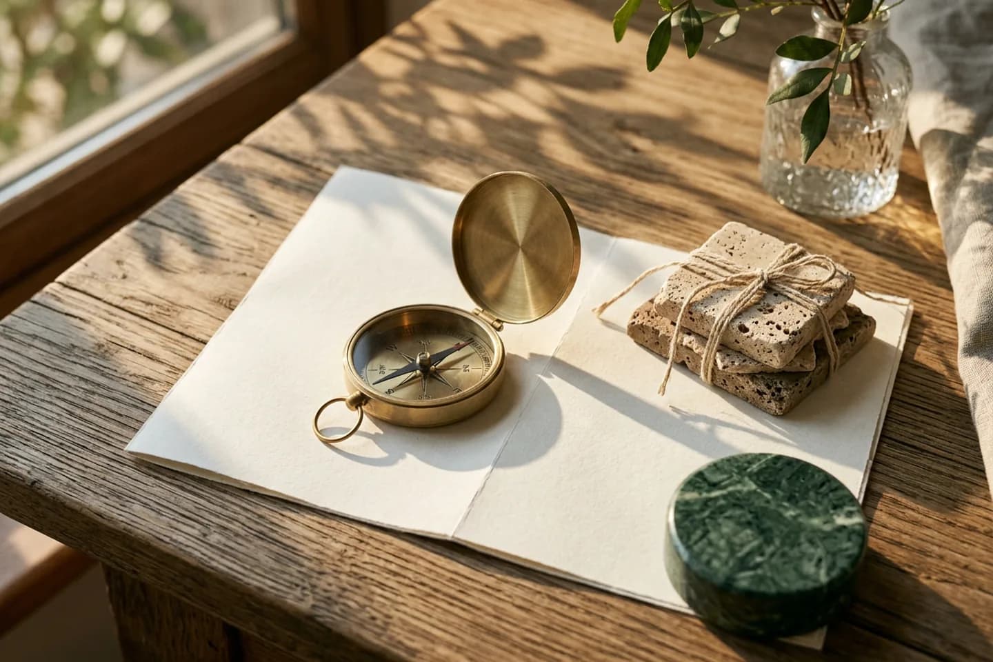 A brass compass resting on a blank folded ivory map on an oak table beside stacked travertine stones and a loop of linen thread in warm sunlight.