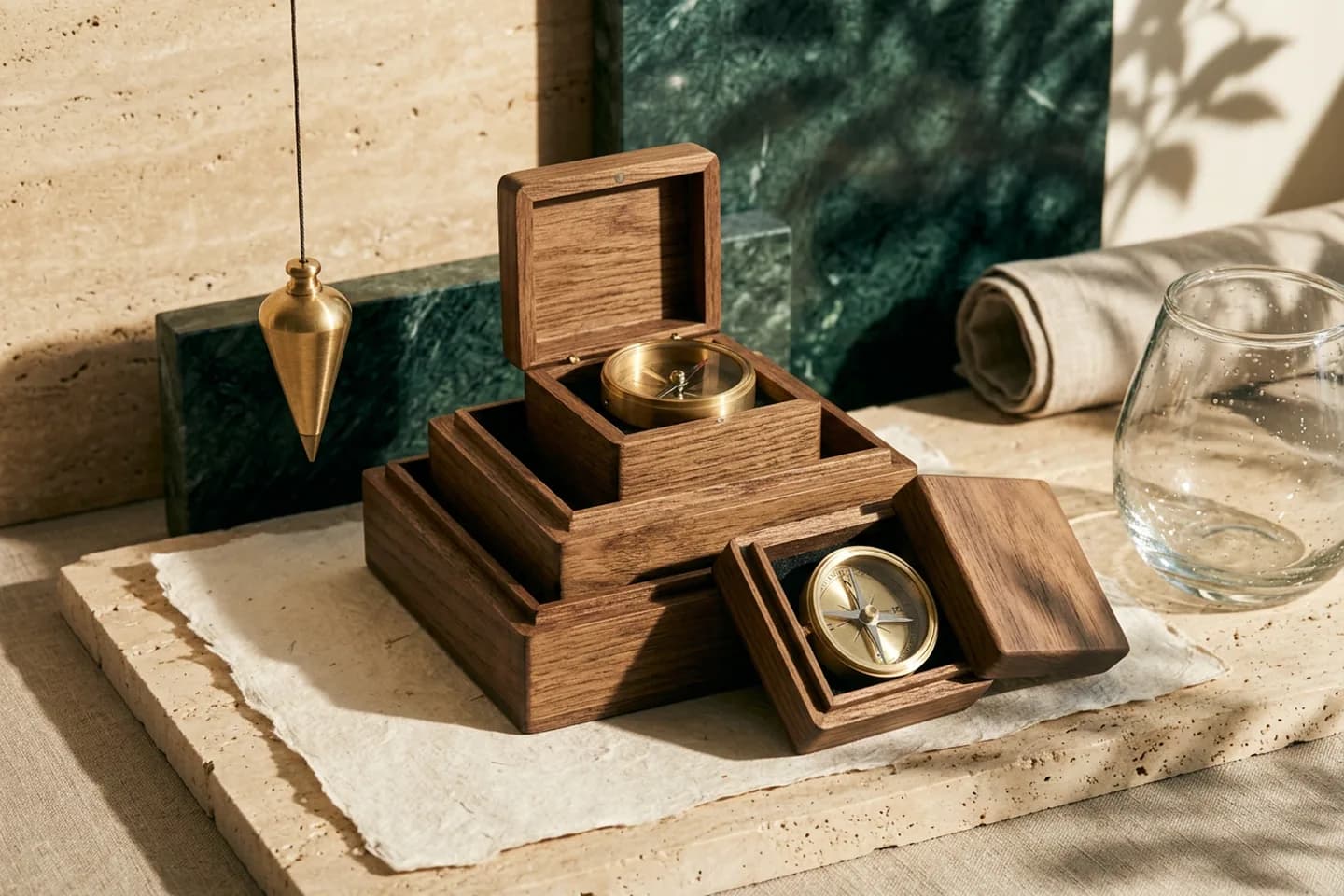 Nested oak boxes of graduated sizes with a brass compass in the smallest one, beside a hanging plumb line and a glass vessel.