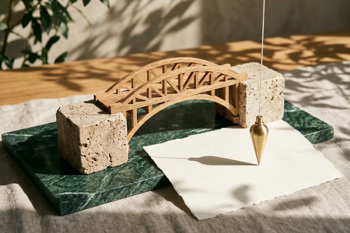 Uma ponte em miniatura de carvalho ligando dois blocos de travertino, com um prumo de latão pendurado ao lado, sobre mármore verde sob luz quente do sol.