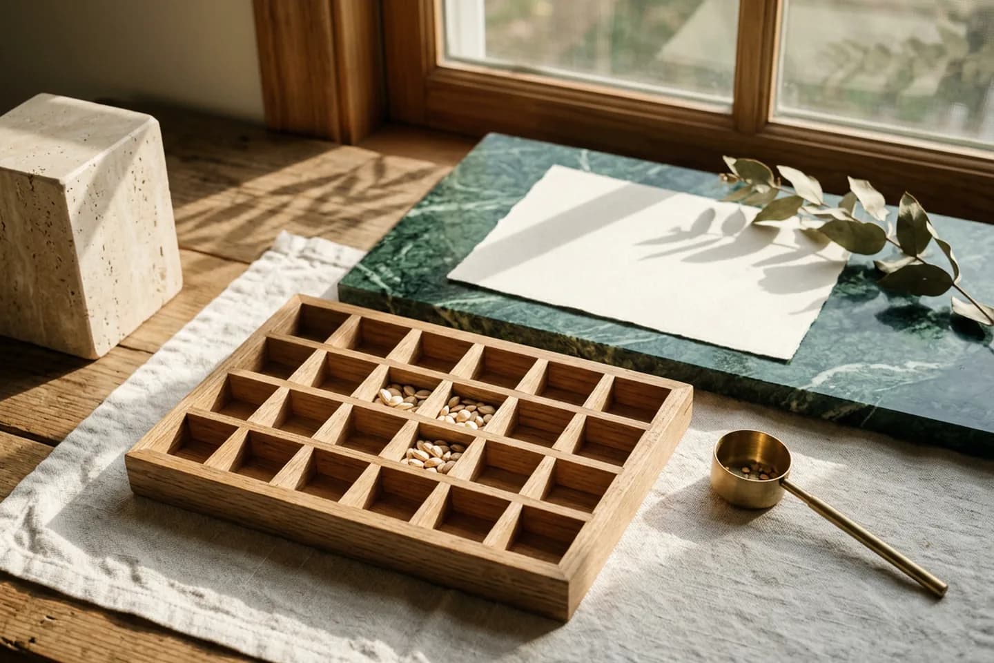 An oak seed tray with only three of its compartments filled with seeds and a small brass scoop beside it on linen.