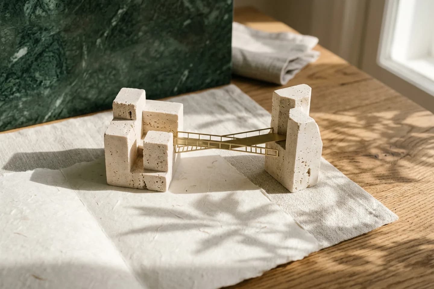 Two small travertine building models on an oak table connected by a single narrow brass bridge in warm sunlight.