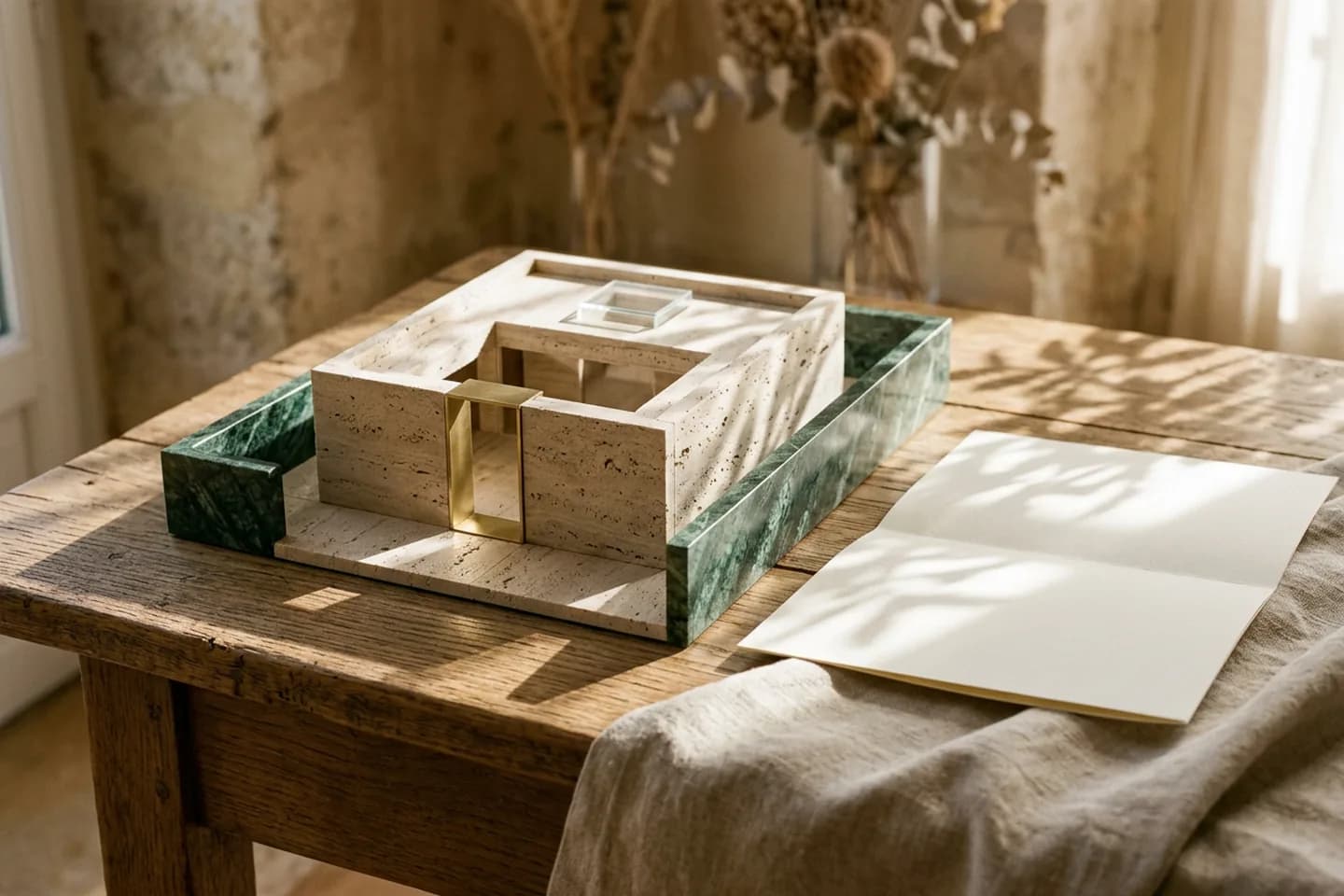 Maquete de um pátio de travertino com paredes de mármore verde e uma única abertura estreita com borda de latão, iluminada por luz quente do sol sobre uma mesa de carvalho.