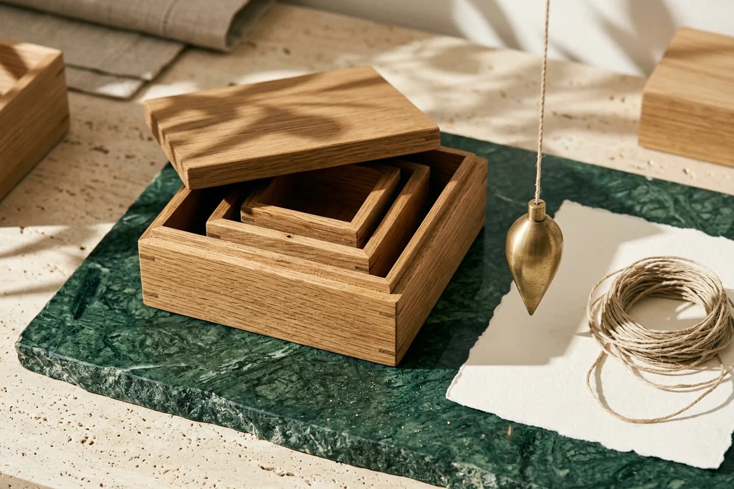 Caixas de carvalho encaixadas, com as tampas entreabertas, sobre uma bancada de mármore verde, com um fio de prumo de latão ao lado e linha de linho sobre papel marfim.