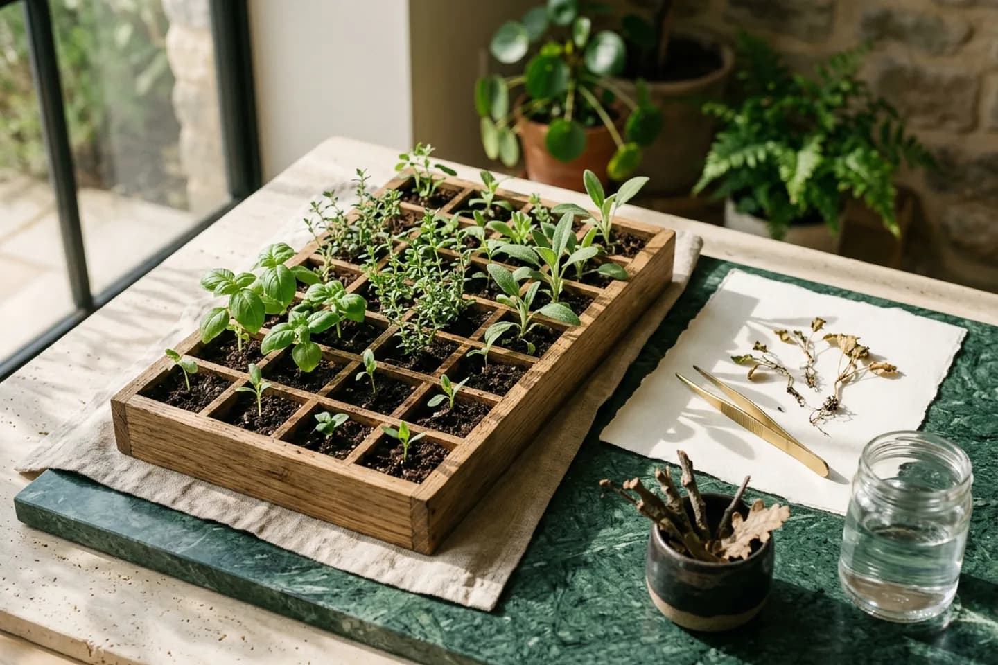 An oak seed tray of healthy seedlings with a few withered ones removed and set on ivory paper next to brass tweezers.