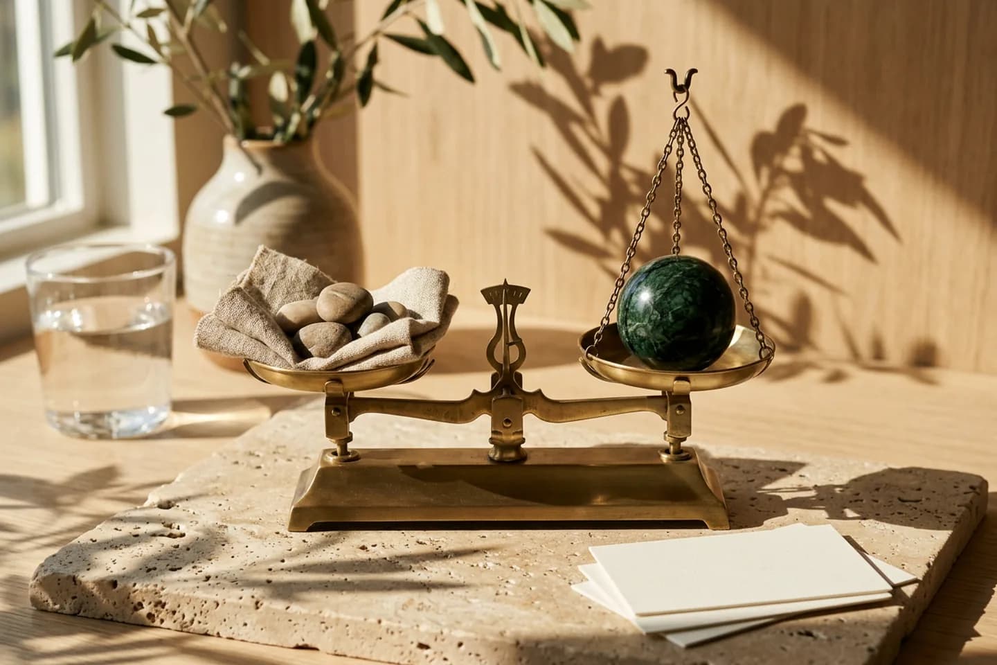 A brass balance scale on travertine with linen-wrapped pebbles in one pan and a green marble sphere in the other, lit by warm sunlight.