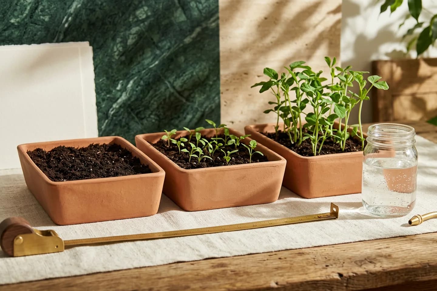 Three ceramic seed trays on linen showing bare soil, small seedlings and taller plants in sequence, with a brass measuring tape and a glass jar of water.