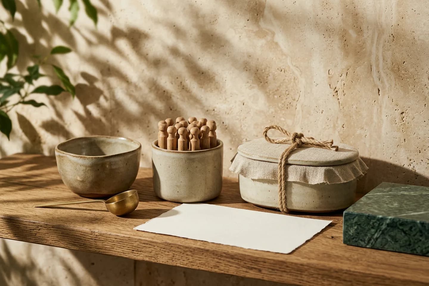 Three ceramic vessels on an oak shelf: one open with a brass ladle, one holding upright oak pegs, and one sealed with linen and a rope knot.