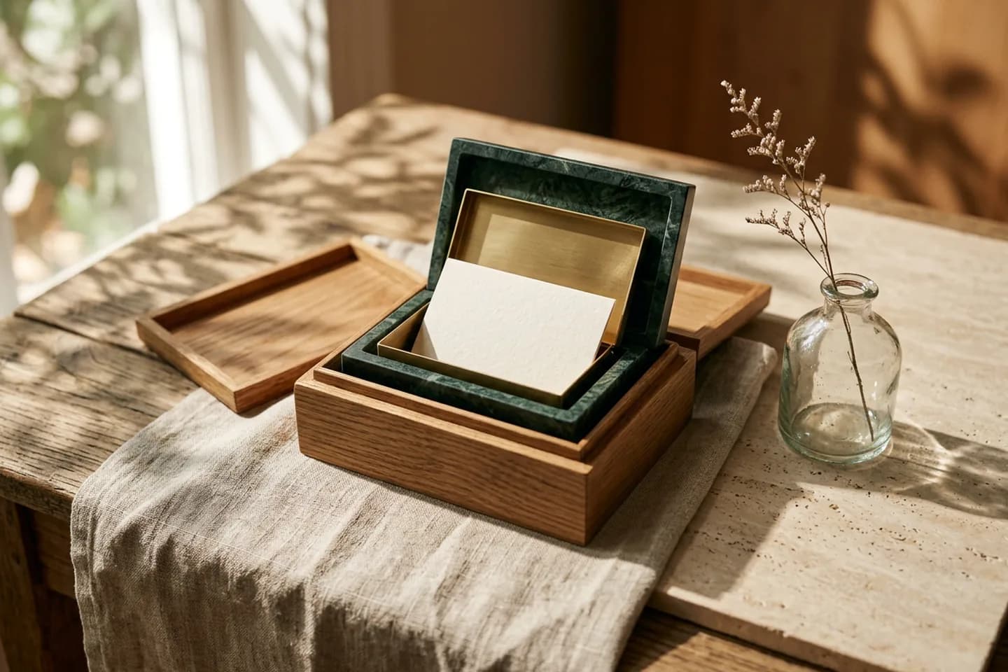 Nested oak, green marble and brass boxes with open lids on a linen cloth, a blank ivory card inside the smallest box and a glass vessel nearby.