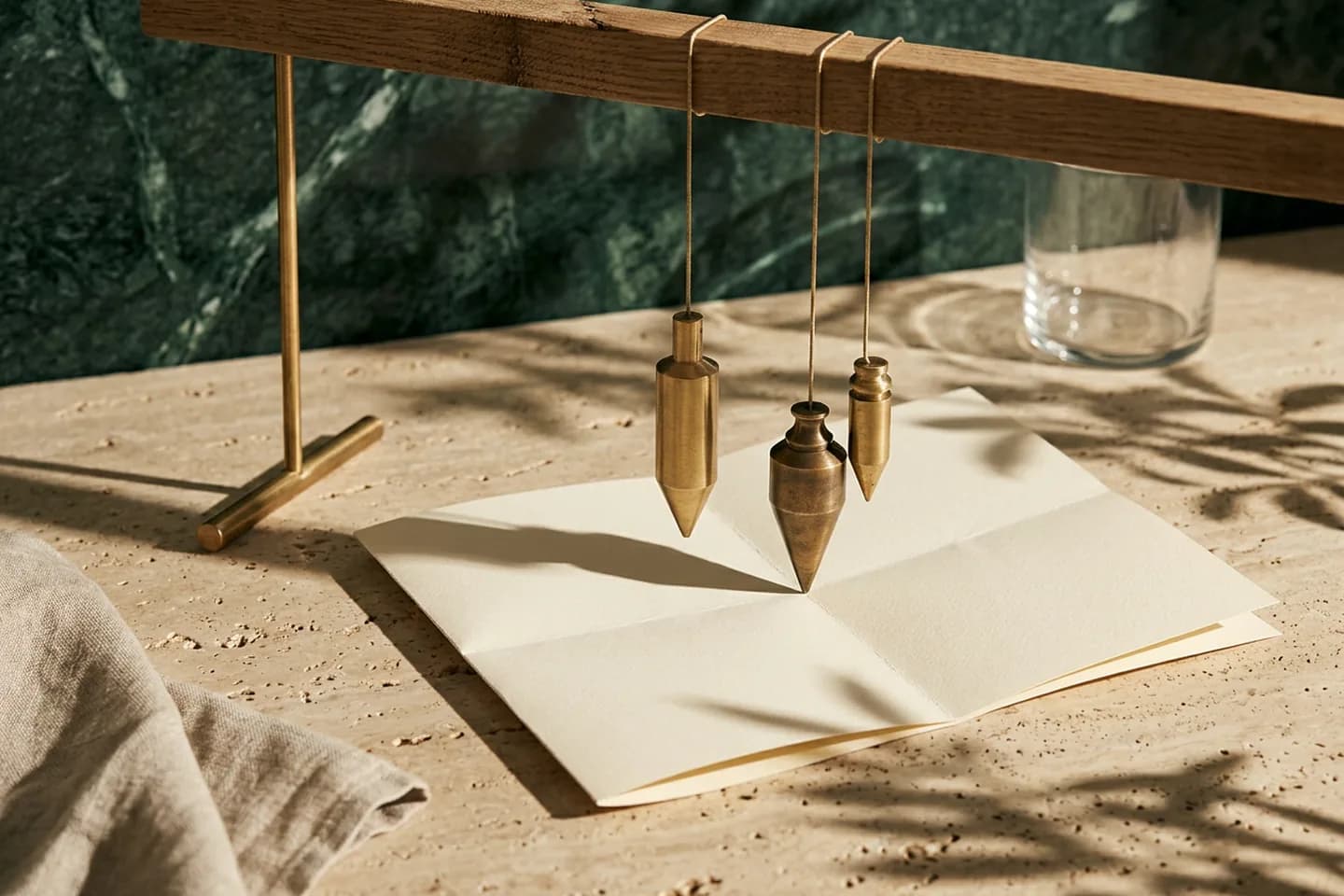 Three brass plumb lines hanging from an oak beam with their tips meeting at one point on a blank ivory folded map on travertine.