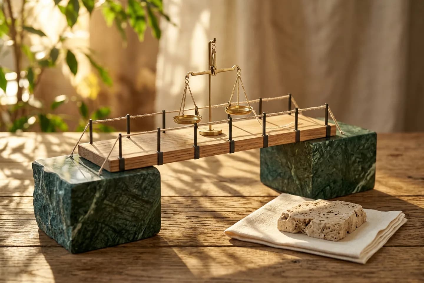 A small oak bridge model between two green marble blocks with a brass balance scale placed at the middle of the span.