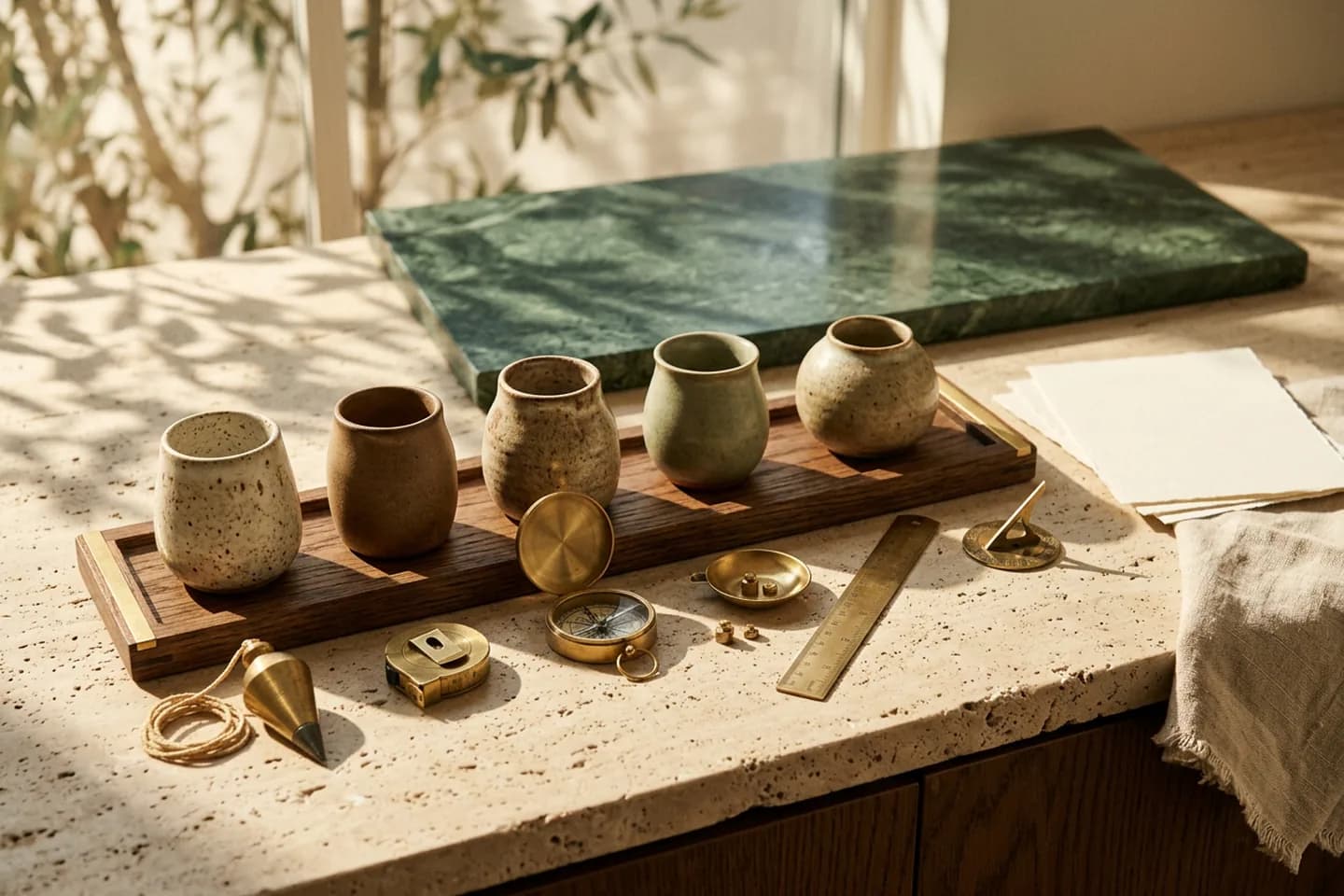 Six different ceramic vessels in a row on an oak tray, each paired with a single brass instrument, on a sunlit travertine counter.