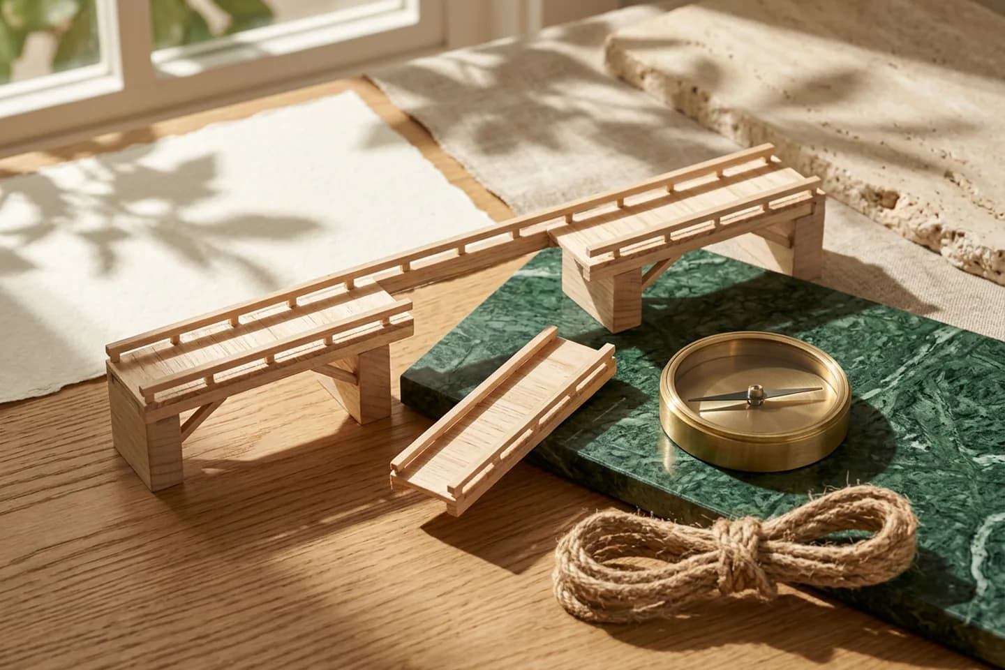 A pale wooden bridge model on an oak table with one span lifted out and resting on a green marble slab beside a brass compass and a coil of rope.