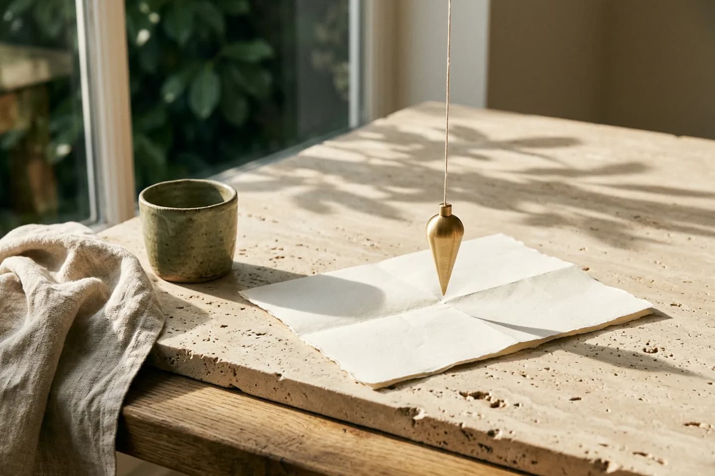 A brass plumb line hangs motionless above a folded sheet of ivory paper on a travertine surface, with a ceramic vessel and linen cloth nearby in warm sunlight.