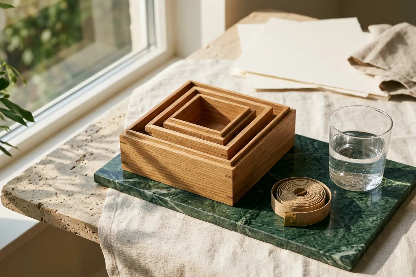 Graduated oak boxes nested inside one another on green marble beside a coiled measuring tape and a glass tumbler, in warm sunlight.