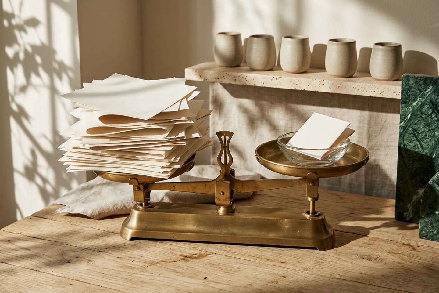 A brass balance scale tipped toward a tall stack of loose ivory papers, with a single folded sheet in a glass dish in the other pan and ceramic vessels on a travertine shelf behind.