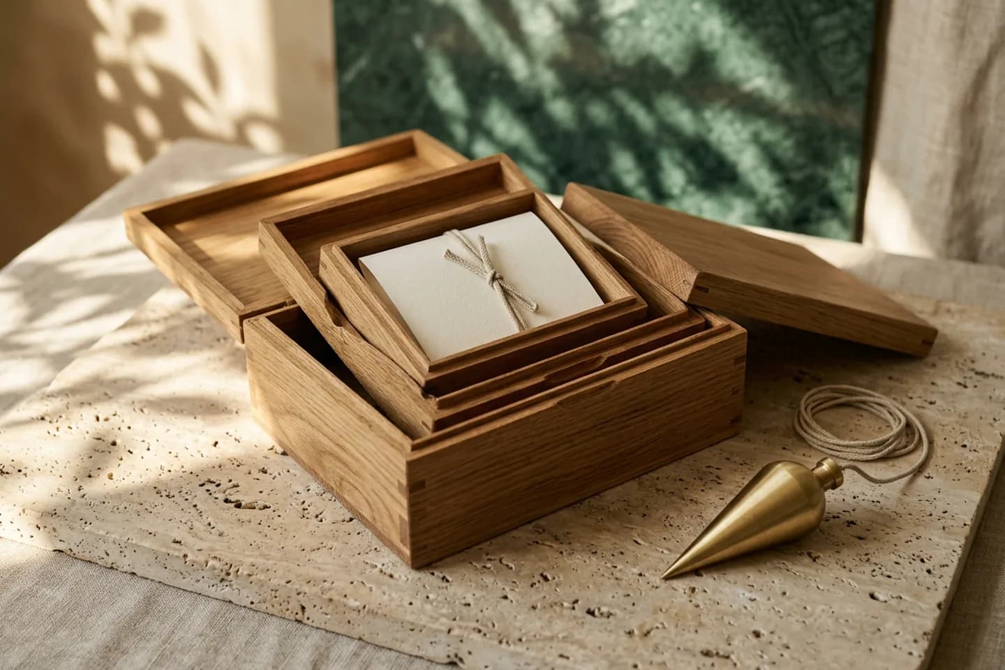 Nested oak boxes opened on a travertine slab, the smallest holding a folded ivory paper sheet tied with linen cord, beside a brass plumb bob in warm sunlight.
