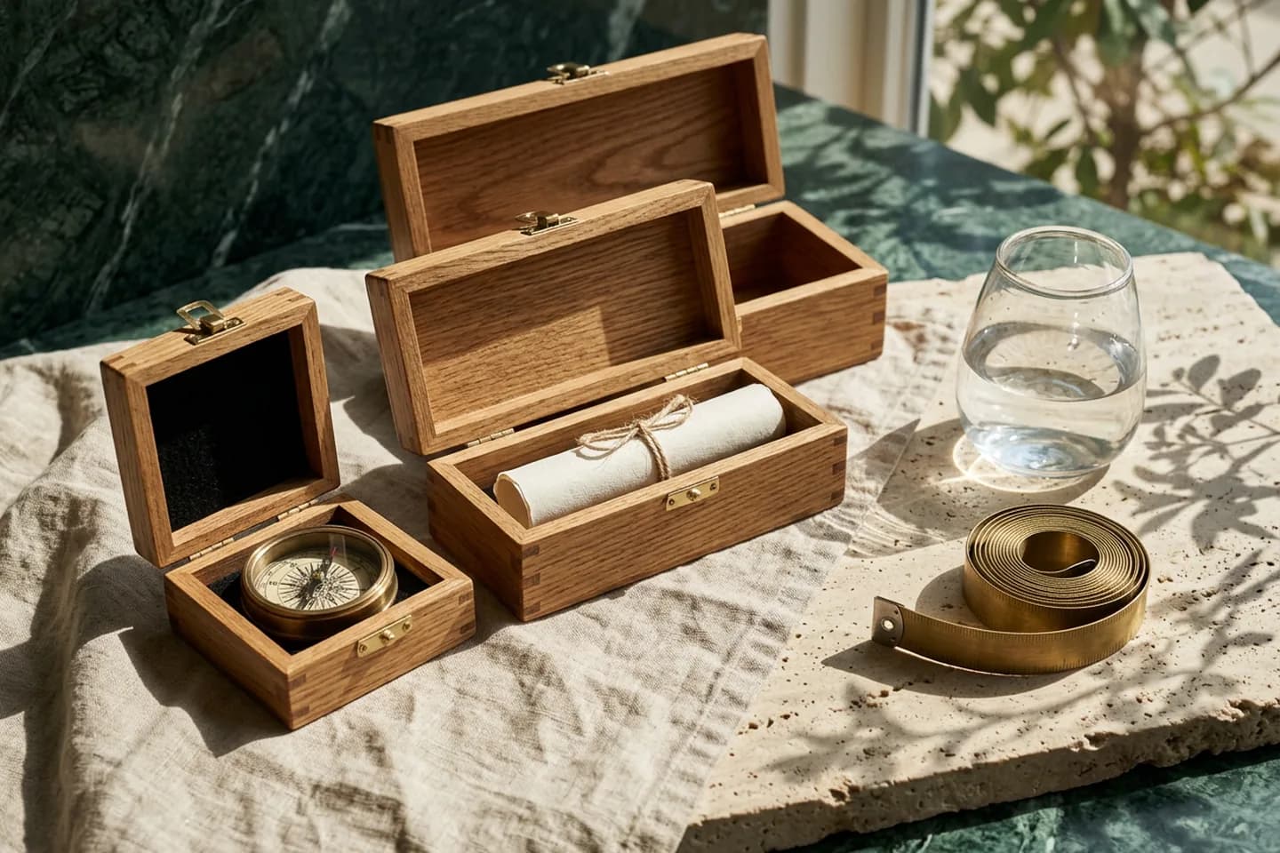 Three nested open oak boxes on linen, with a brass compass in the smallest, a rolled ivory paper in the middle, and a glass vessel and coiled measuring tape beside them.