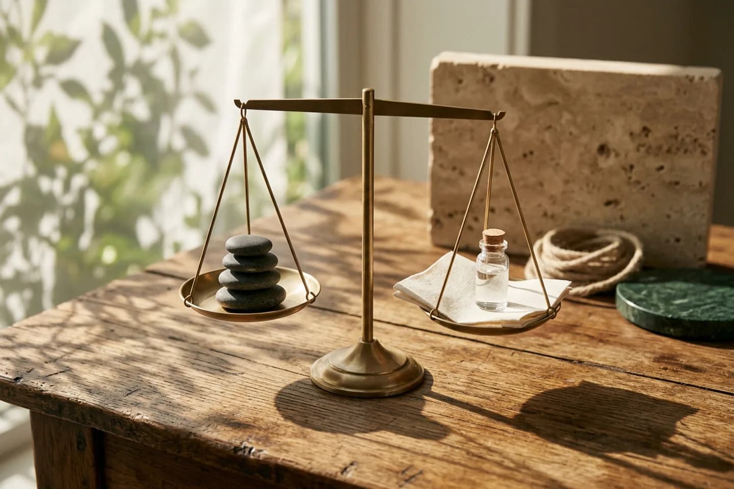 Brass balance scales weighing stacked stones against folded paper and a glass vial on an oak table.