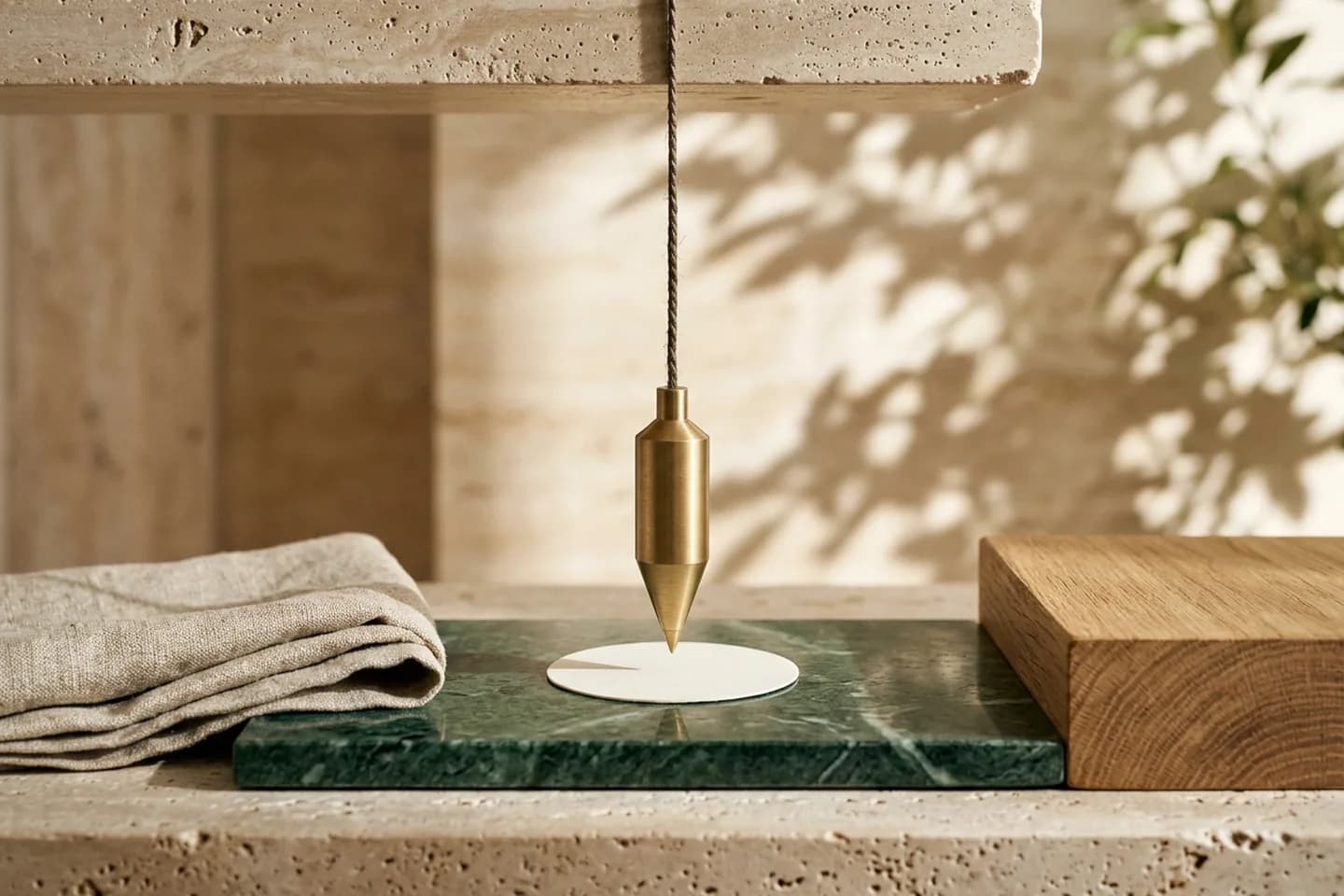 A brass plumb line hanging above a paper disc on a green marble slab in warm sunlight.