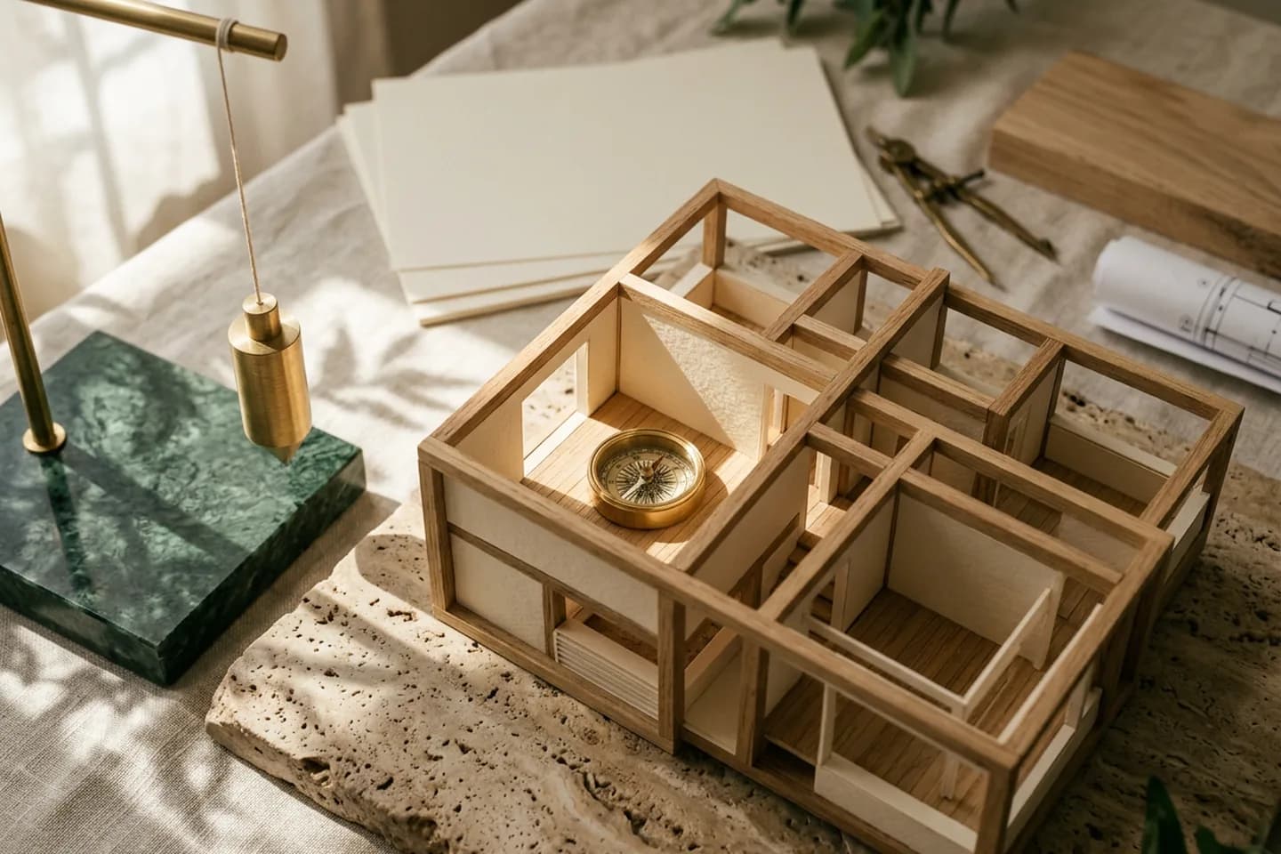 An ivory paper architectural model with separate rooms, one sunlit room holding a small brass compass, next to a hanging brass plumb line on green marble.