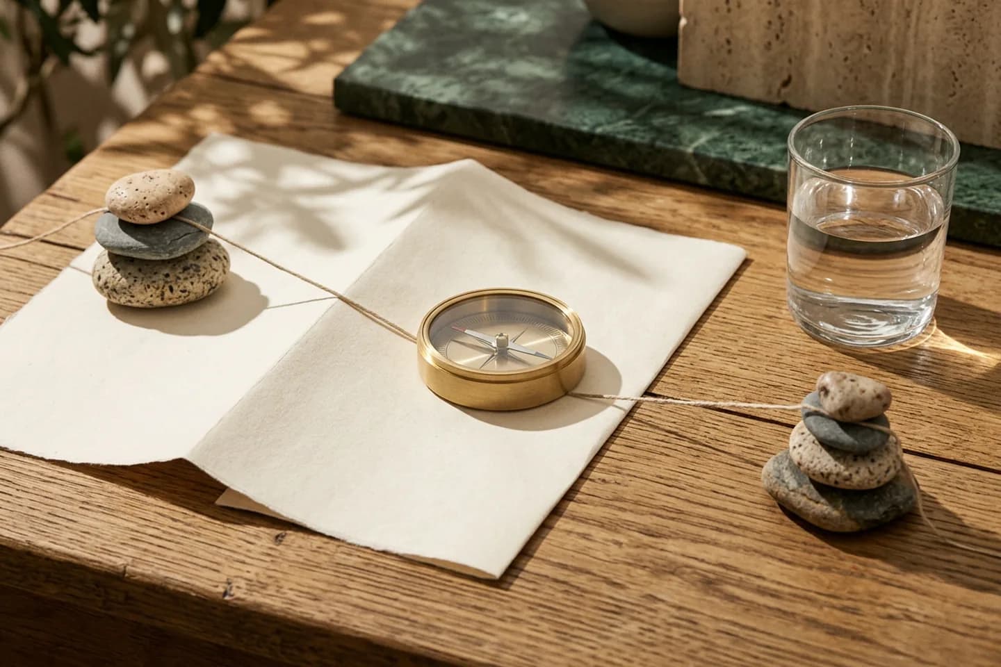 A blank folded map on an oak table with a linen thread running between two stacks of stones and a brass compass in the middle.
