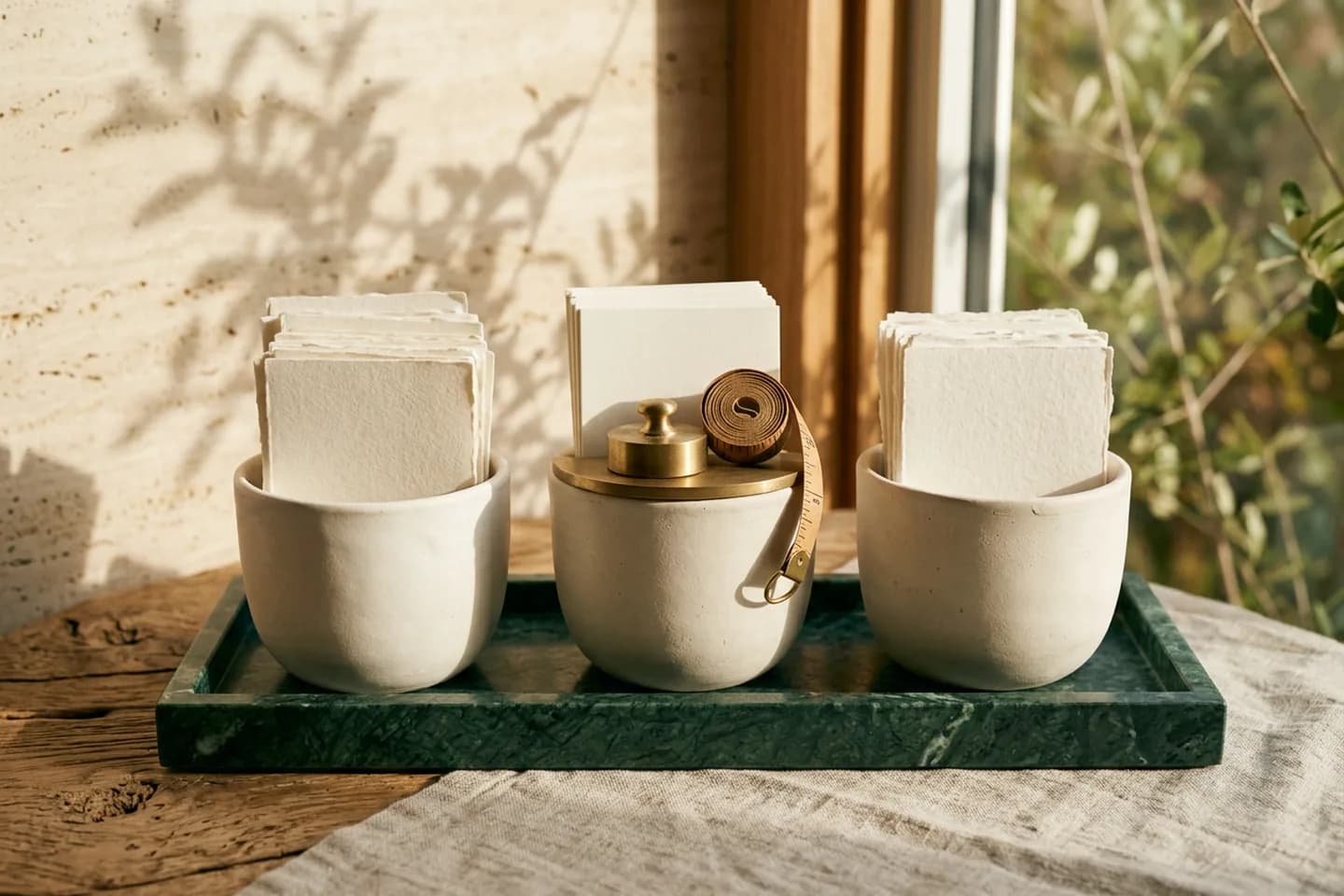 Three ceramic vessels on a green marble tray holding sorted stacks of blank ivory paper, with a coiled measuring tape and a brass weight beside them.