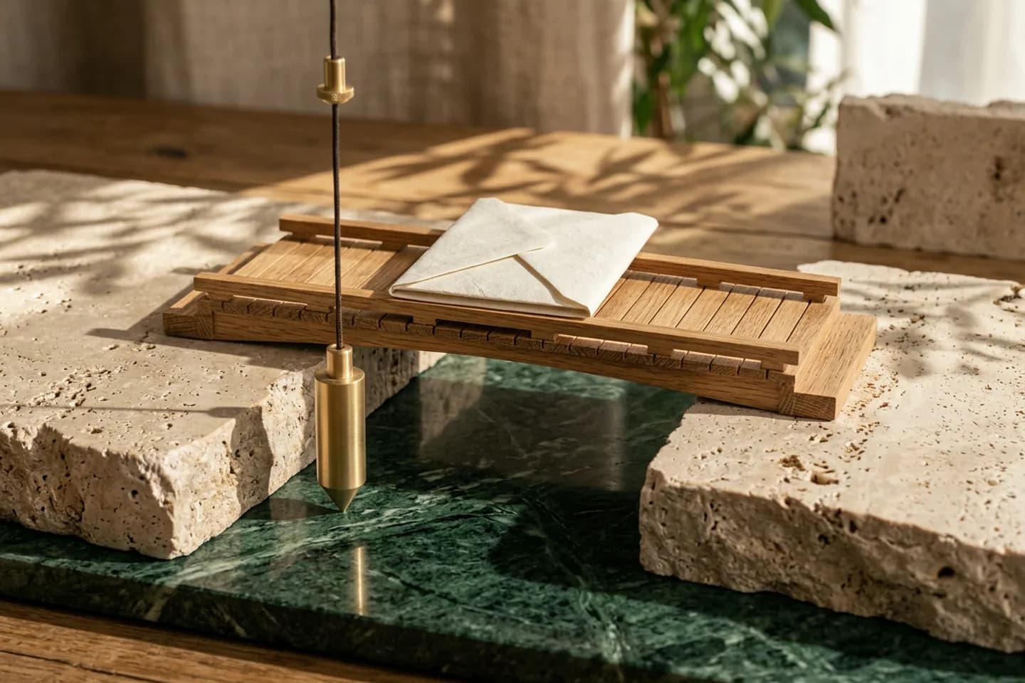 A small oak bridge model joining two travertine platforms with a folded ivory paper packet resting at its center and a brass plumb line hanging nearby.