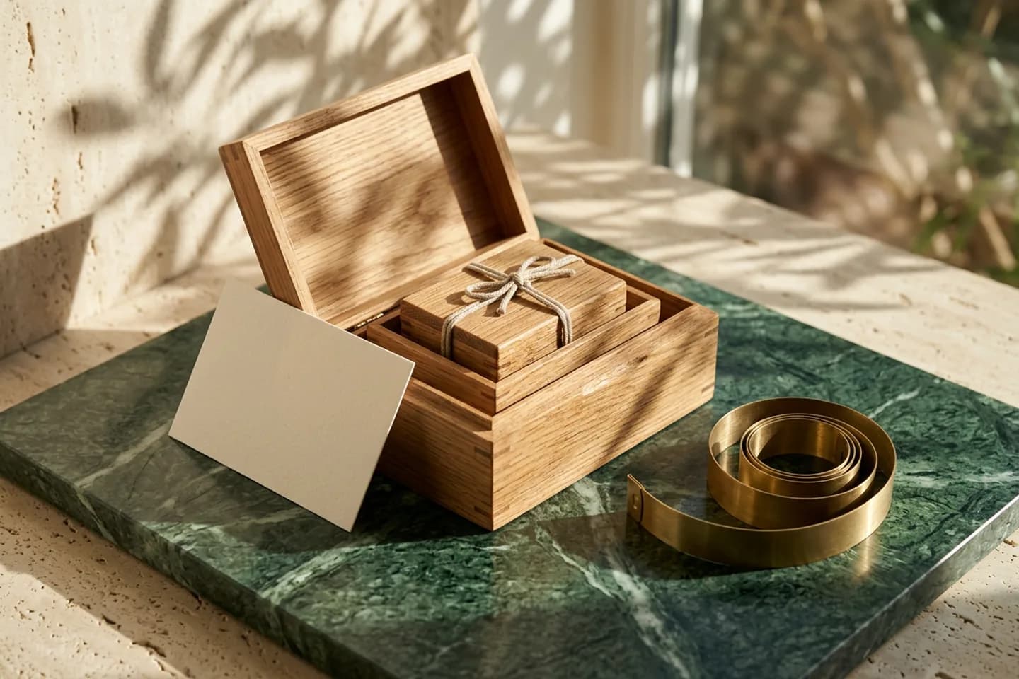 Three nested oak boxes on green marble, the smallest tied shut with a linen cord, next to a coiled brass measuring tape and a blank ivory card.