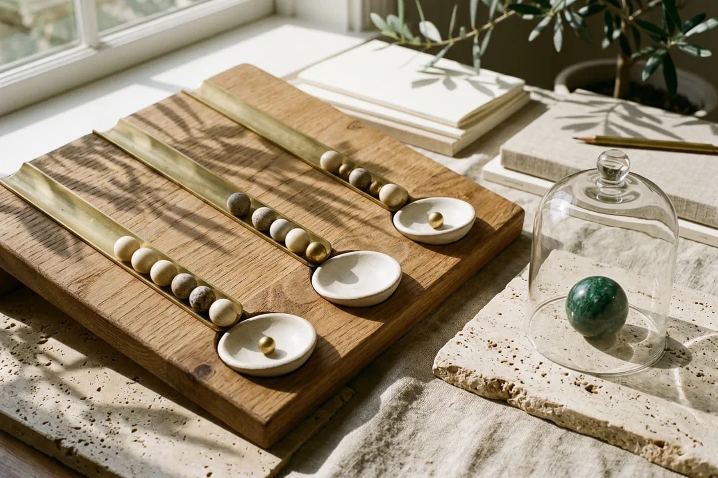 An oak sorting board with three brass channels leading to three ceramic dishes, and a green marble sphere kept separately under a glass dome.