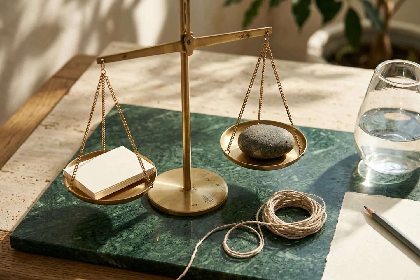 A brass balance scale on green marble with blank ivory paper slips in one pan and a smooth stone in the other, beside a linen thread and a glass vessel.