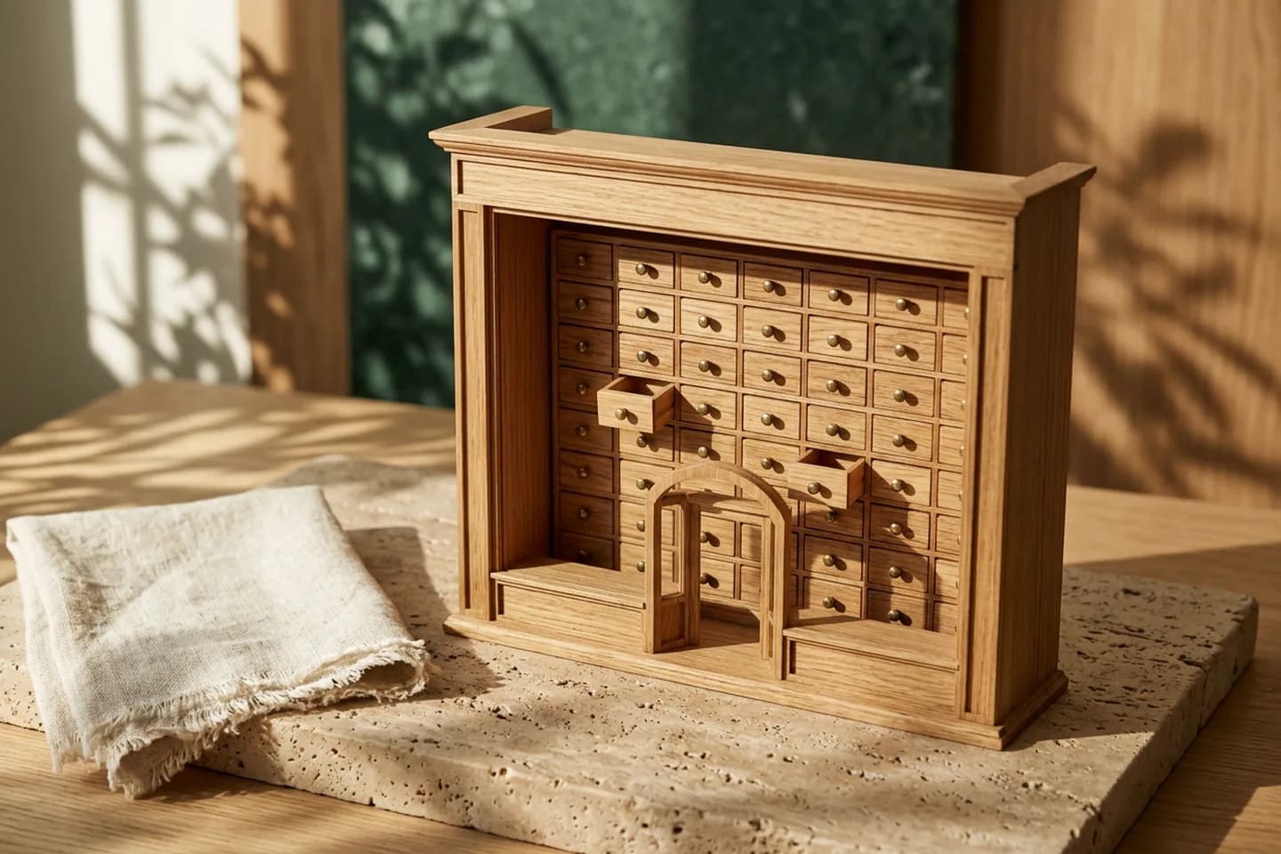 A small oak model of a shop front with its back removed, showing rows of tiny brass-pulled drawers behind it, on a travertine slab.