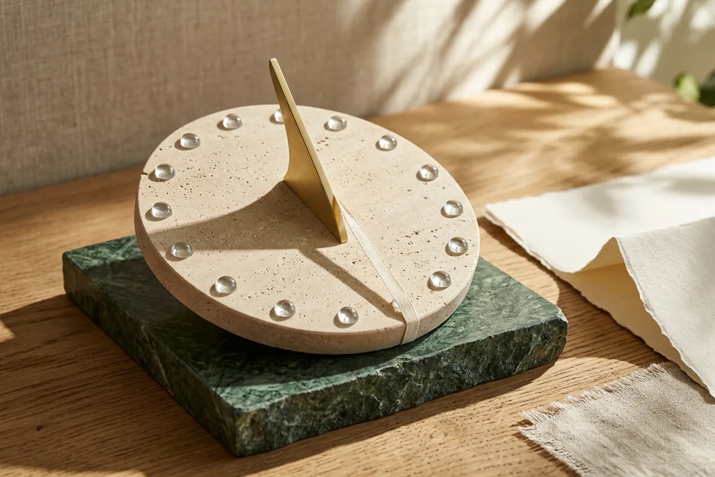 A brass sundial on a green marble base casts a shadow over an unmarked travertine dial with glass beads and a linen ribbon linking two of them.
