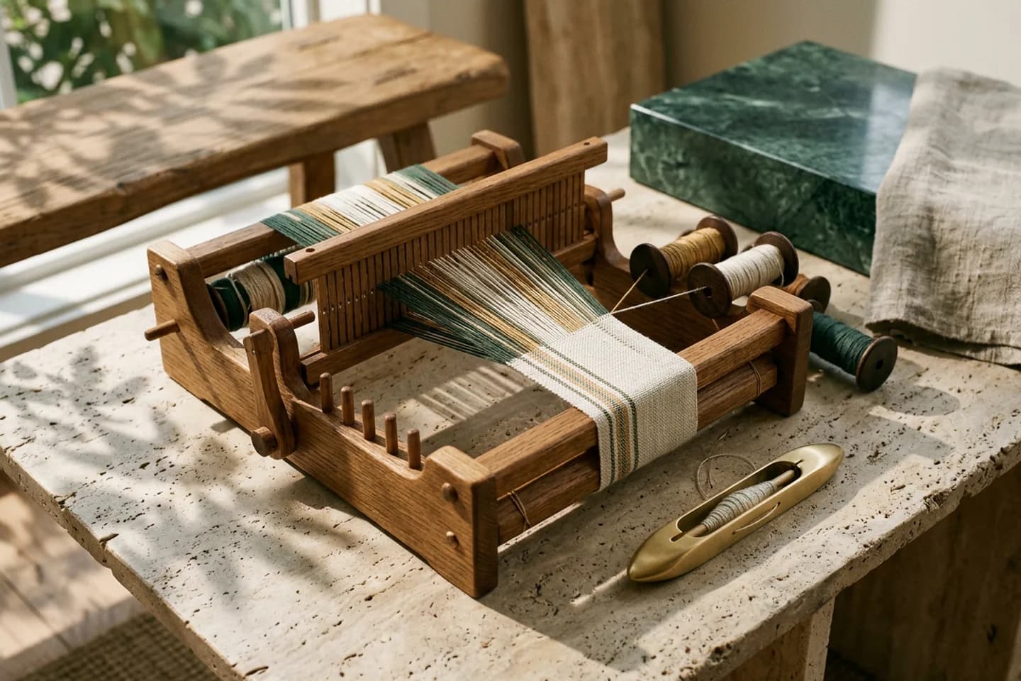 A tabletop loom with threads from several separate spools woven into one ivory linen band beside a brass shuttle on travertine.