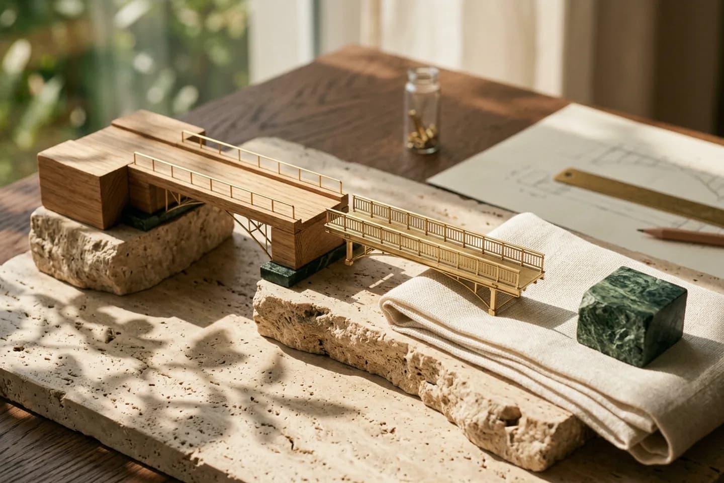 An oak and brass bridge model with a gap in the middle and the missing span resting on linen beside it, on a travertine surface in warm light.