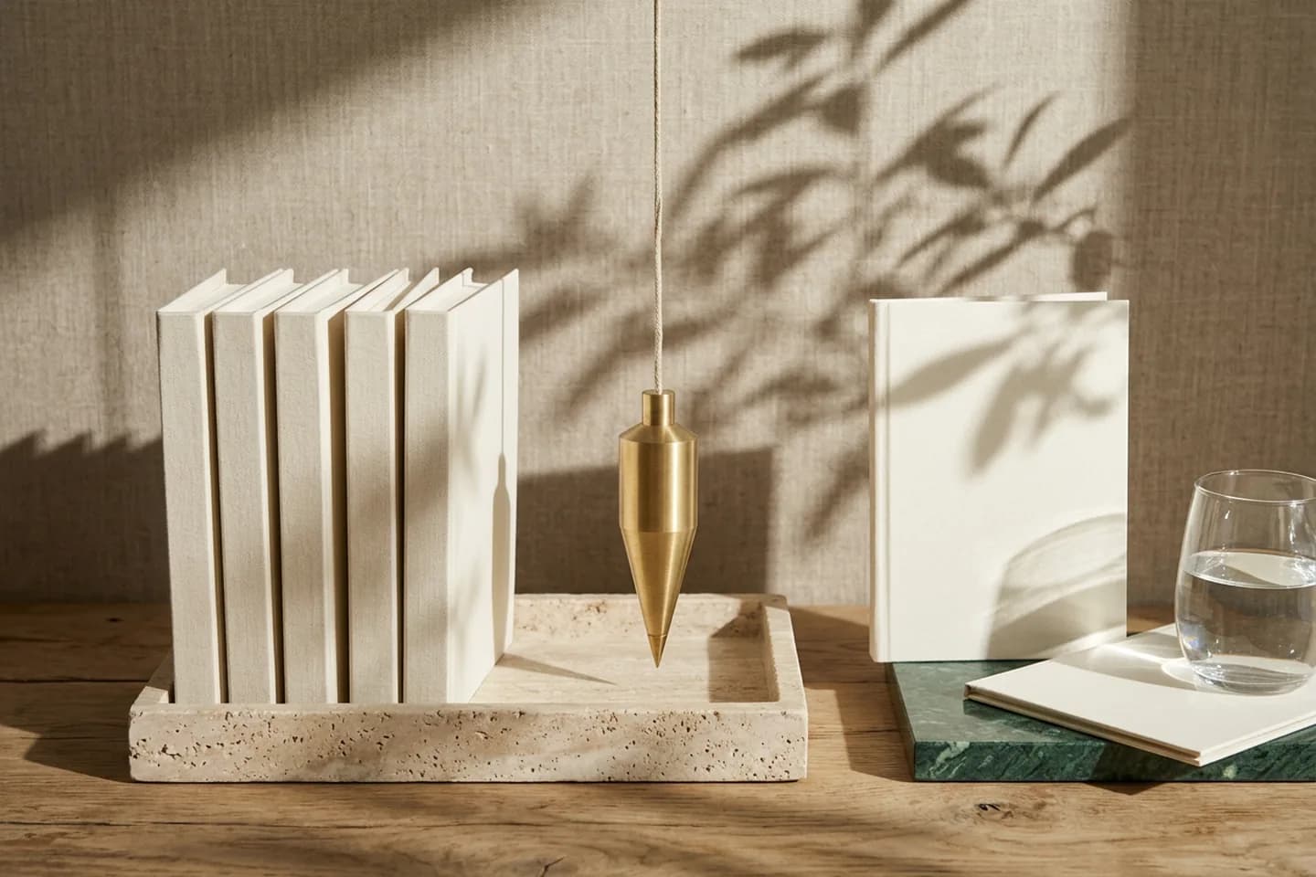 A brass plumb line hangs over a travertine tray of blank ivory folders, with one folder set apart on a green marble plinth.