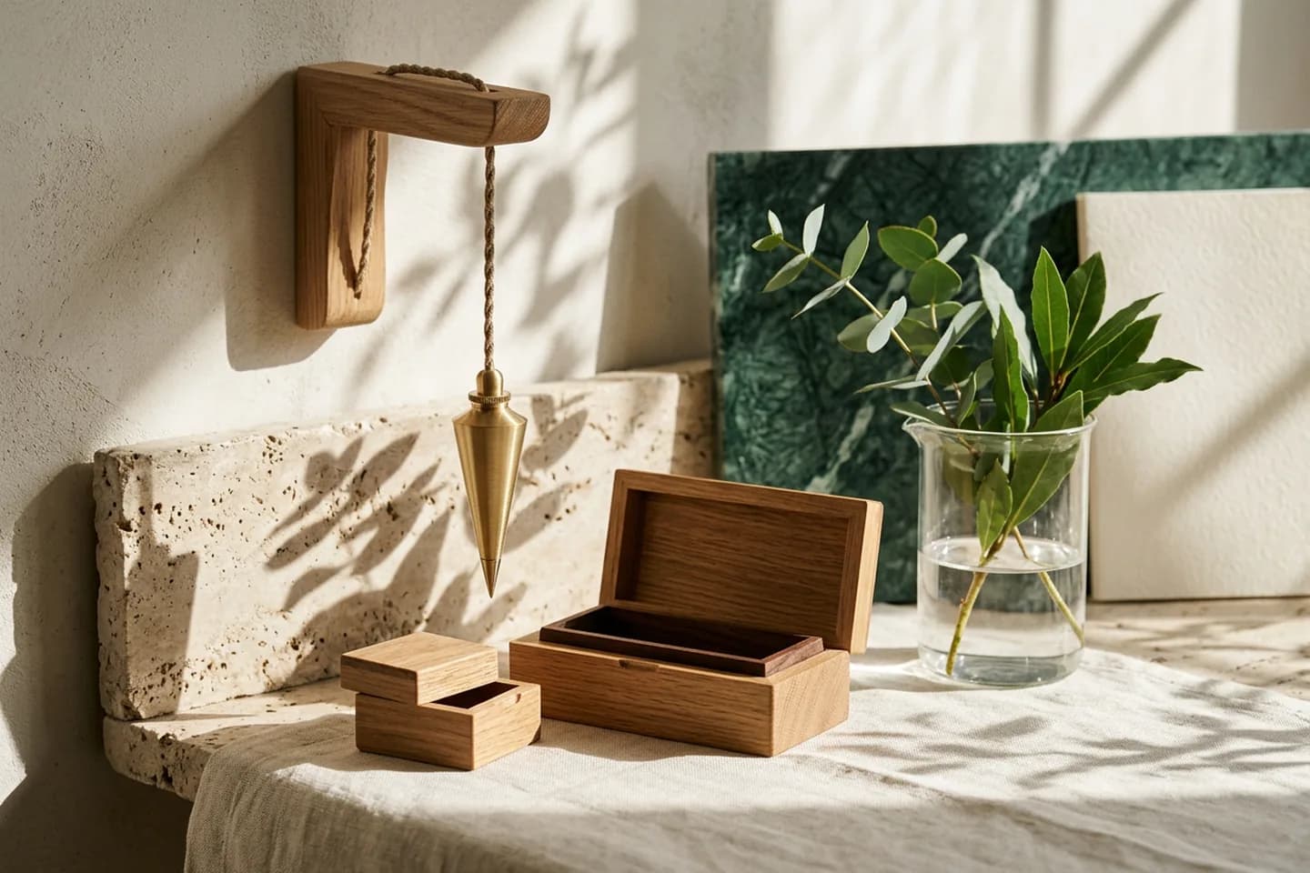 A brass plumb line hanging over three nested oak boxes opened to different widths on linen, with a glass beaker beside them.