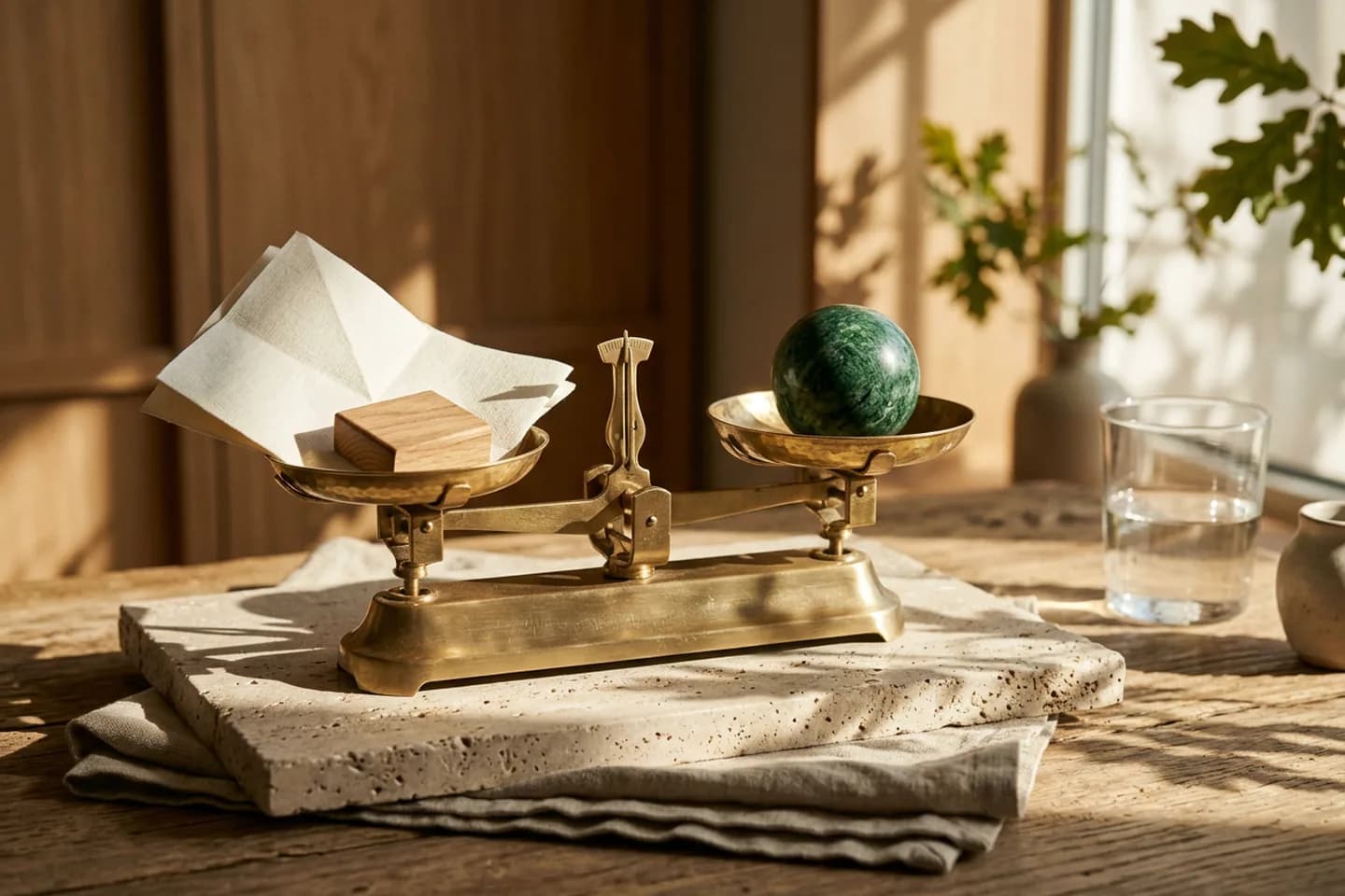 A brass balance scale on travertine with folded ivory paper in one pan and a green marble weight in the other.