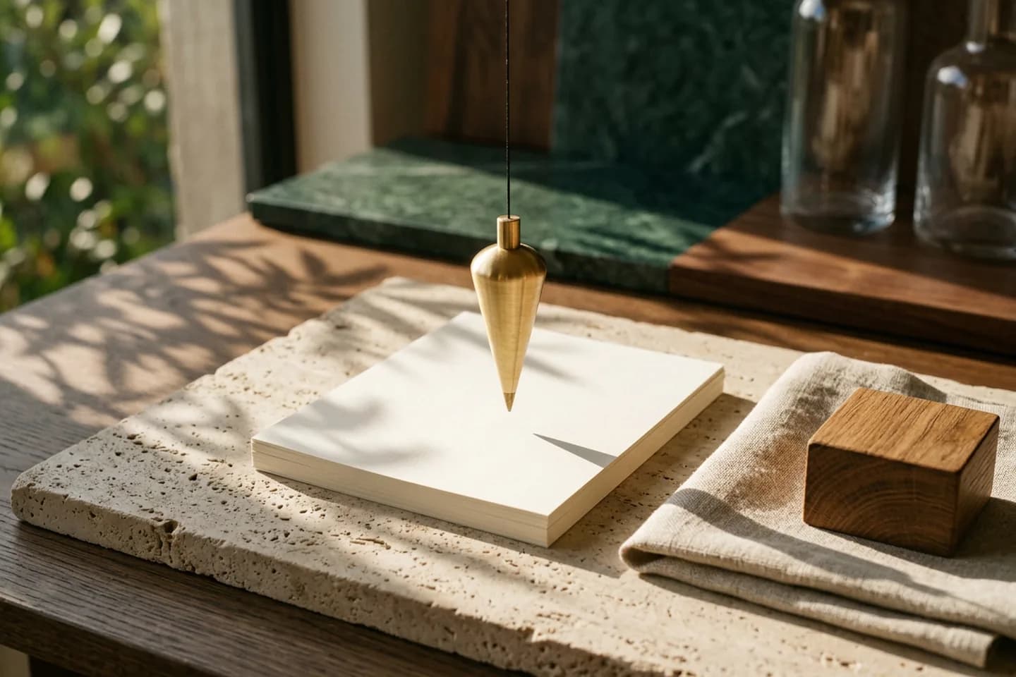 Um prumo de latão pendurado sobre uma pilha de folhas de papel marfim esquadrejadas em uma bancada de travertino, com linho e um bloco de carvalho ao lado.