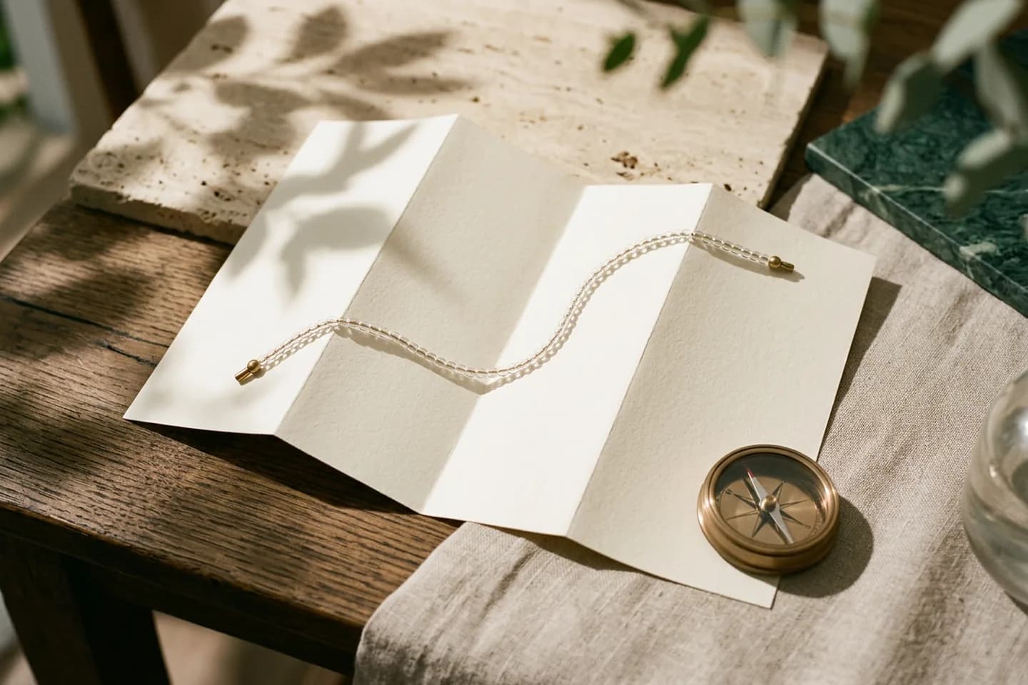 A blank folded ivory map on oak and linen with a line of glass beads marking a route and a small brass compass beside it.