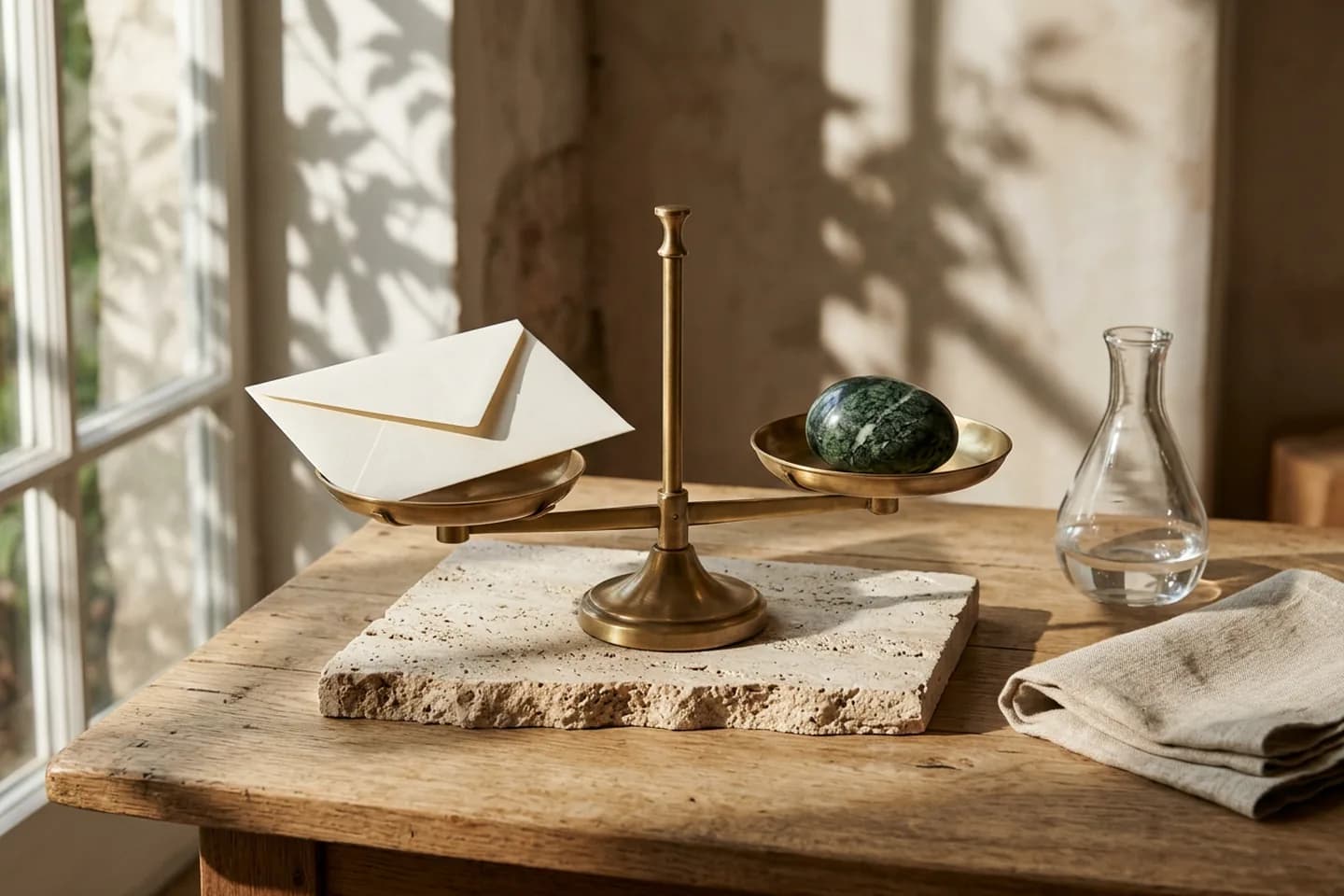 Uma balança de latão com uma folha de papel marfim dobrada em um prato e uma pedra de mármore verde no outro, sobre travertino, ao lado de um recipiente de vidro e de um pano de linho.