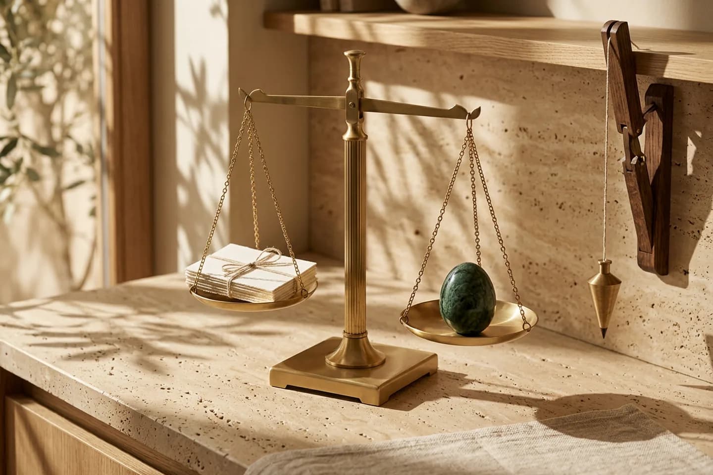 Uma balança de latão sobre um balcão de travertino, com cartões de papel marfim empilhados em um prato e um ovo de mármore verde no outro, ao lado de um prumo suspenso.