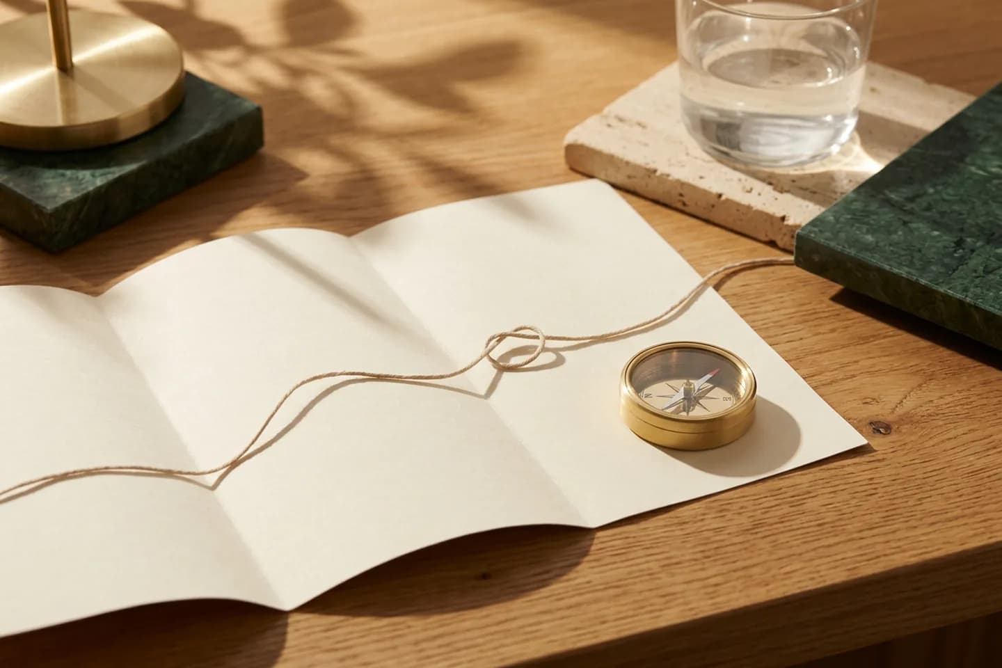 Um mapa dobrado em branco sobre uma mesa de carvalho, com uma rota de fio de linho que o atravessa, um único nó no fio e uma bússola de latão ao lado.