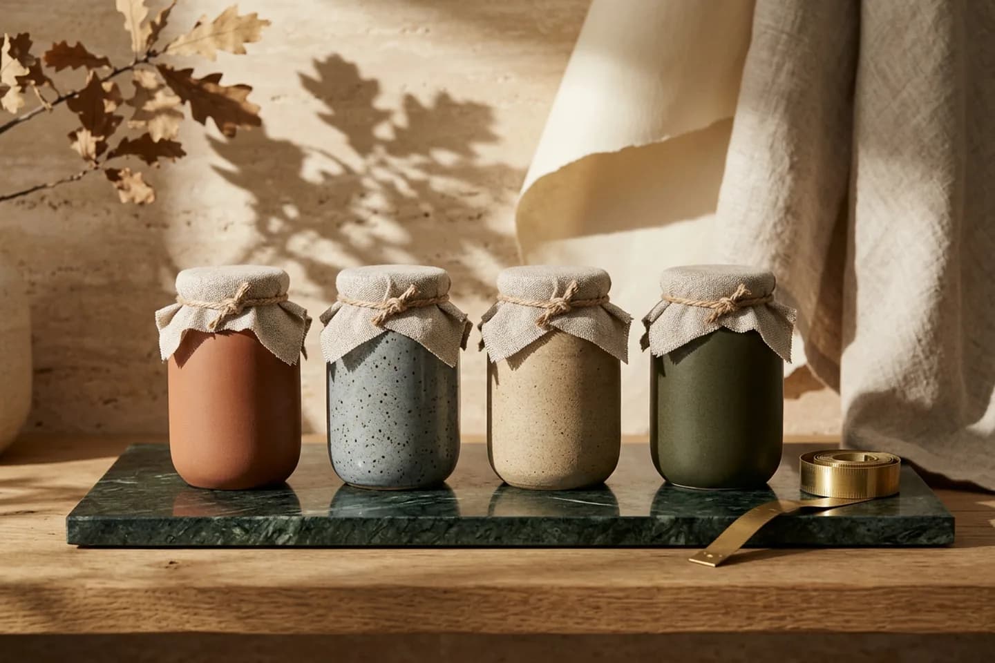 Four ceramic vessels in different glazes sit on an oak shelf, each covered with a separately tied linen cloth, beside a coiled brass measuring tape on green marble.