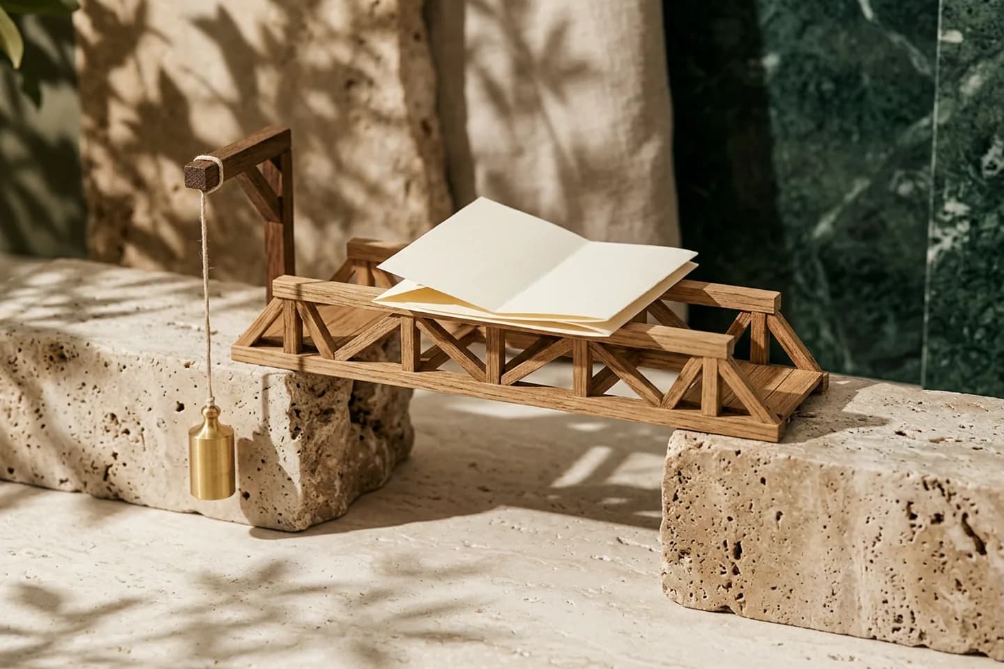 A small oak bridge model joins two travertine blocks, with a folded sheet of ivory paper at its center and a brass plumb weight beside it.
