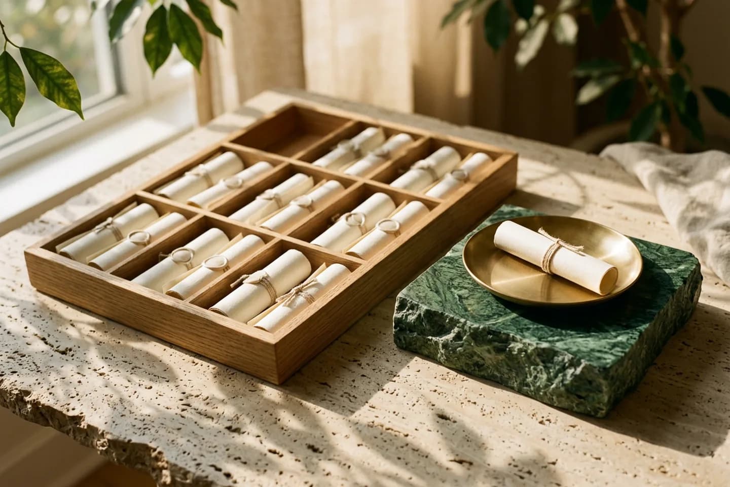 An oak sorting tray holds identical ivory paper scrolls tied with linen cord, with one scroll set apart on a brass dish on green marble.