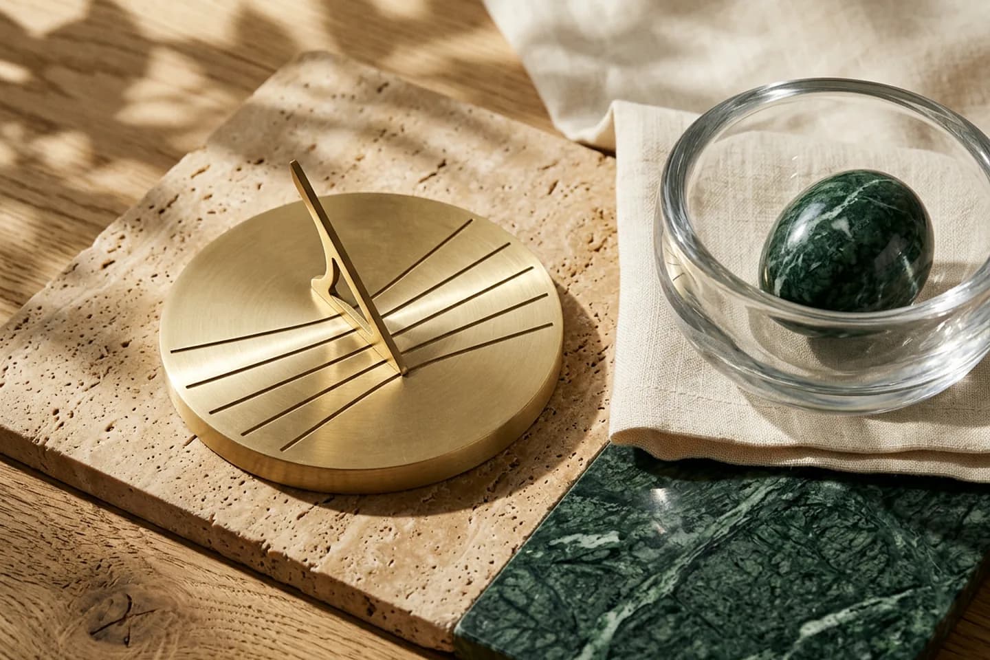 A brass sundial on a travertine slab casts a shadow across evenly spaced grooves next to a glass bowl holding one green marble egg.