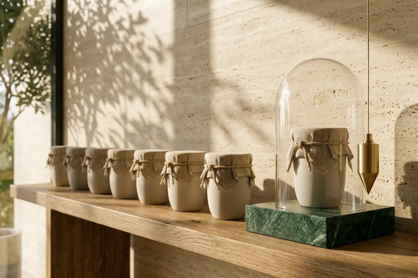 Uma fileira de vasos de cerâmica revestidos de linho e amarrados com corda sobre uma prateleira de carvalho, com um vaso separado sobre um pedestal de mármore verde, sob uma redoma de vidro, ao lado de um prumo de latão.