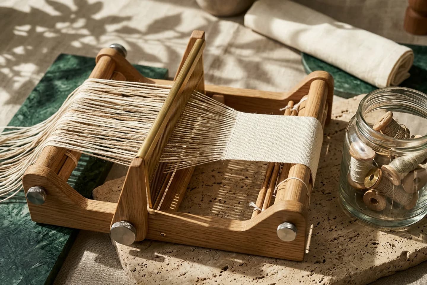 An oak loom drawing many loose linen threads through a brass reed into one woven ivory band.