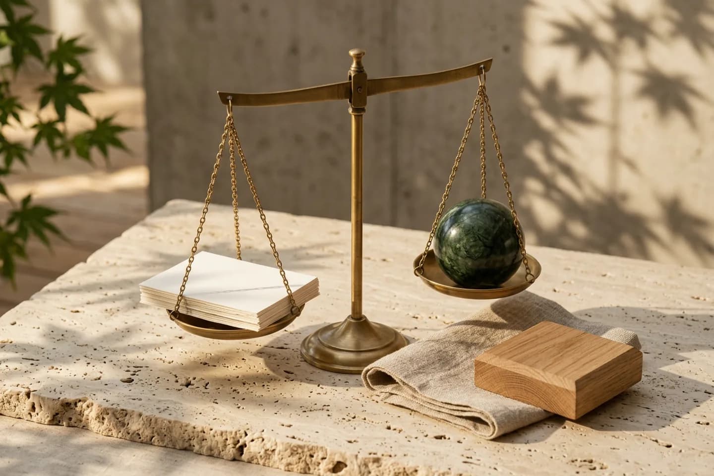 A brass balance scale on travertine with blank ivory paper in one pan and a green marble sphere in the other.