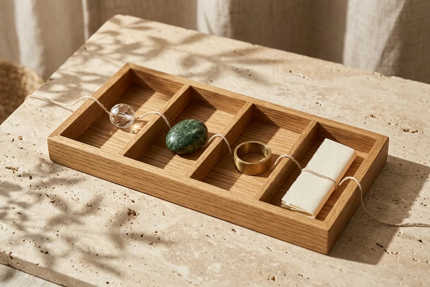 An oak tray with separate compartments holding a glass bead, a green marble pebble, a brass ring and folded paper, joined by one linen thread on travertine.